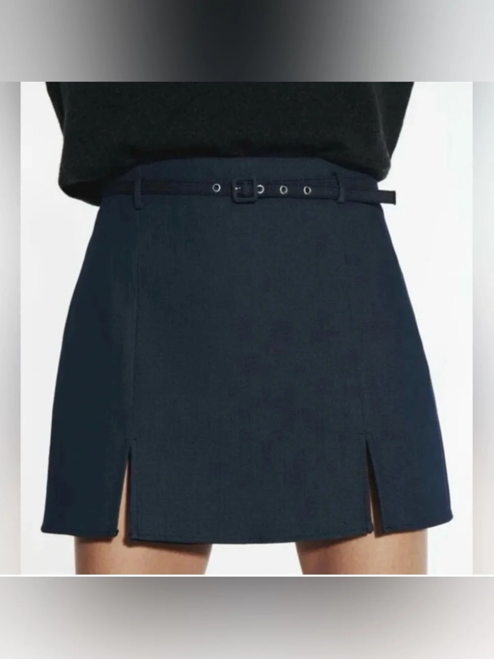 NWT Zara Women’s Belted Slit Front Mini Skort in Dark Indigo Blue Size Small